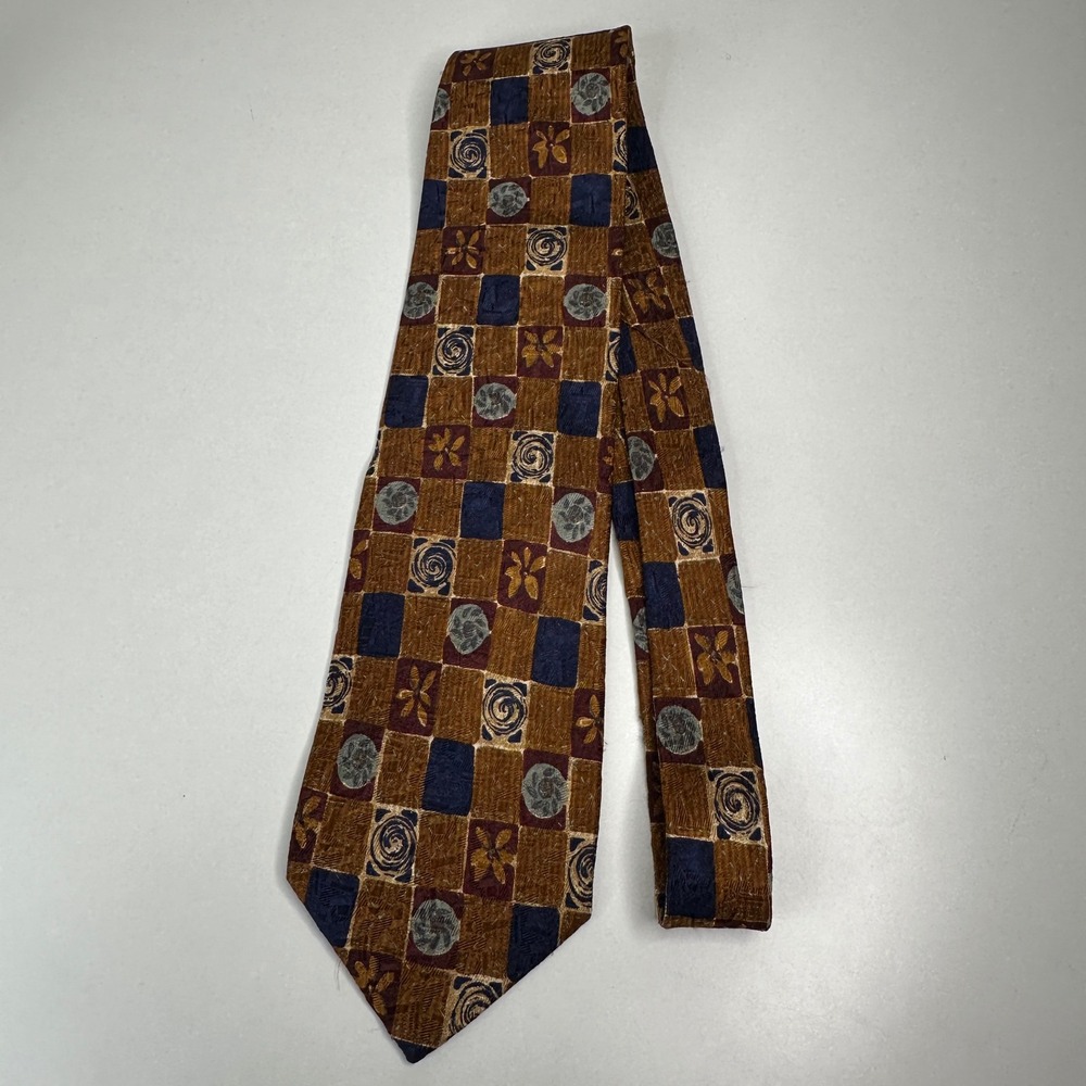 Ermenegildo Zegna Silk Tie Mens Brown Blue Geometric Pattern Luxury Formal